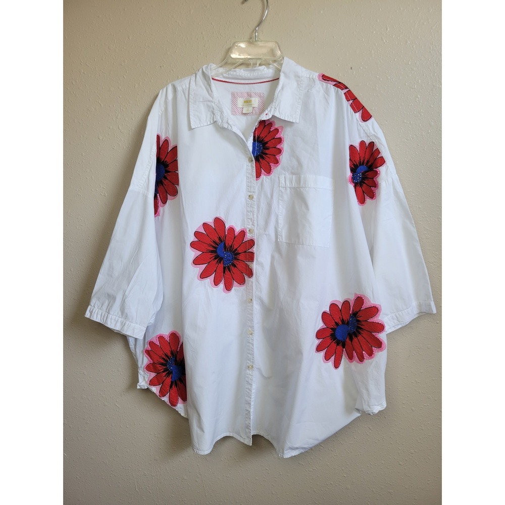Maeve Anthropologie White Floral Beaded Embroidered Button Down Shirt 2X Large